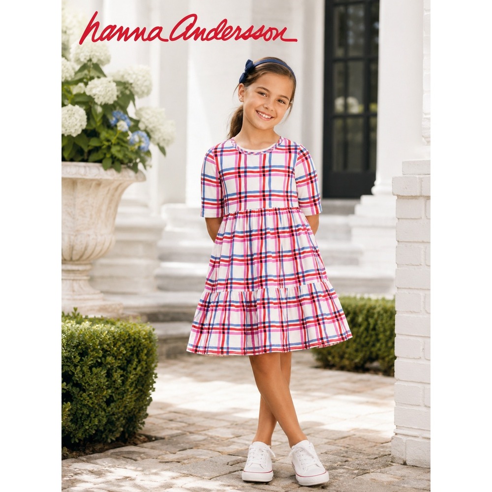 Hanna Andersson Plaid Tiered Dress Girls Size 8 Red Pink Blue